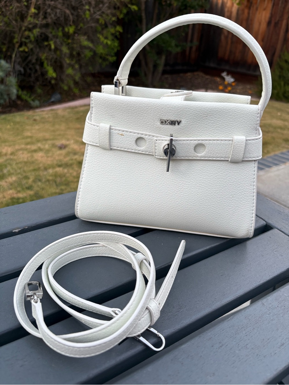 DKNY White Pebbled Leather Top-Handle Satchel with Detachable Strap